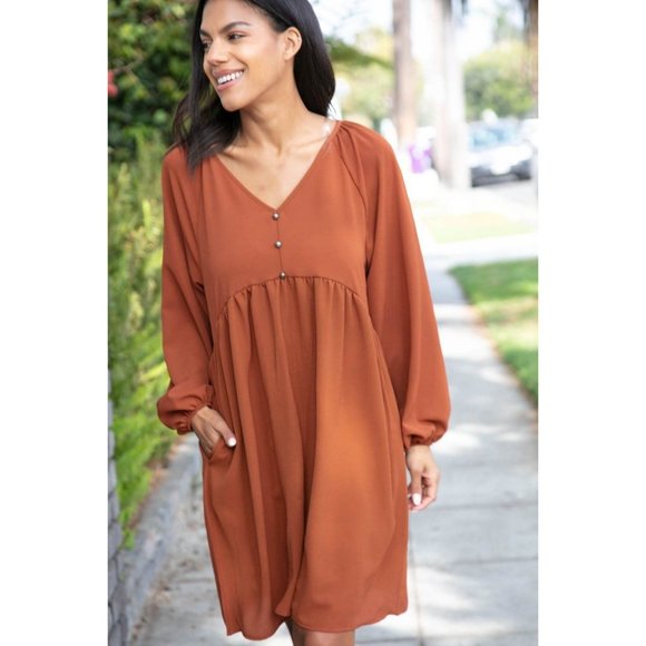 Rust Crepe V Neck Raglan Babydoll Dress - Picture 6 of 12